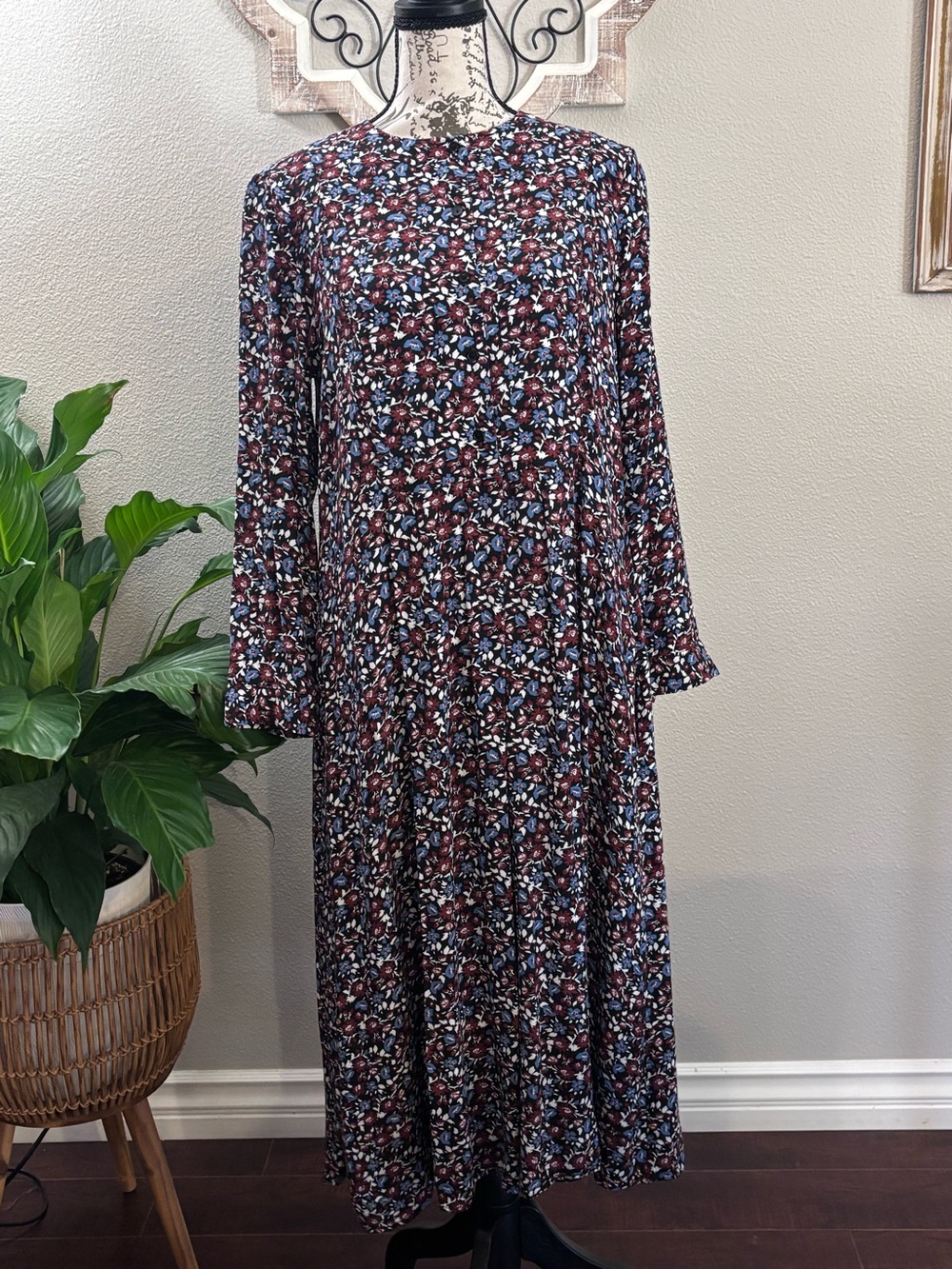 Zara Burgundy and Blue Floral Maxi Dress